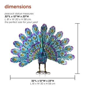 Alpine Corporation JUM232 Metal Peacock Outdoor Statue, 32" L x 12" W x 23" H, Multi-Color