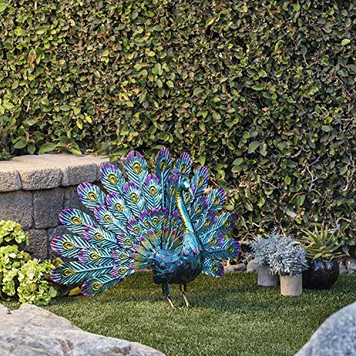 Alpine Corporation JUM232 Metal Peacock Outdoor Statue, 32" L x 12" W x 23" H, Multi-Color