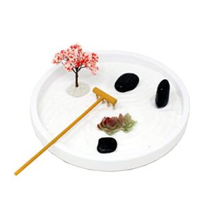 Nature's Mark Mini Zen Garden Kit for Desk with Rake, White Sand, Lotus Figures, White Round Base, Black River Rocks and Mini Blossom Tree (8Lx8W Round B)