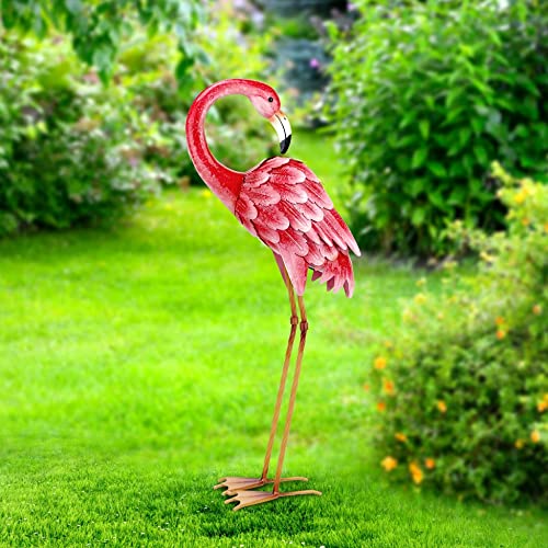 Shorayn Garden Statues Flamingo Sculptures Metal Yard Art, Pink Bird Art Outdoor Backyard Decor Patio Lawn Porch Ornament Flamingo Yard Decoration