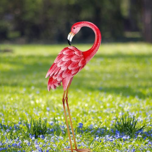 Shorayn Garden Statues Flamingo Sculptures Metal Yard Art, Pink Bird Art Outdoor Backyard Decor Patio Lawn Porch Ornament Flamingo Yard Decoration