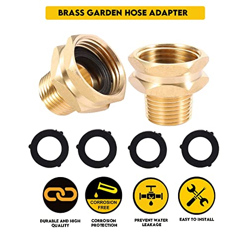 2 Pack of 3/4” GHT Female to 1/2” NPT Male Connector GHT to NPT Adapter Brass Fitting, Garden Hose Thread Metal Brass Adapters, Includes 4 Washers with 2 Extra Free