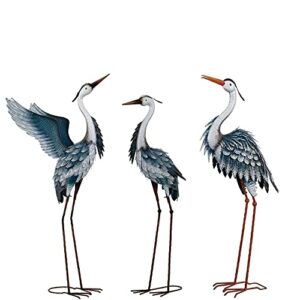 teresa’s collections 3 metal blue heron garden statues, cranes decor animal family bird art lawn ornaments for outdoor patio yard outside decorations