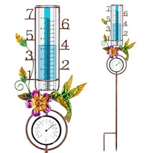 sysuvana rain gauge outdoor with outdoor thermometer for garden, easy to read metal stake with 7 inch replacement glass tube, sunflower hummingbird décor for yard garden patio lawn