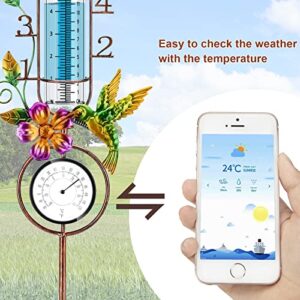 SYSUVANA Rain Gauge Outdoor with Outdoor Thermometer for Garden, Easy to Read Metal Stake with 7 Inch Replacement Glass Tube, Sunflower Hummingbird Décor for Yard Garden Patio Lawn