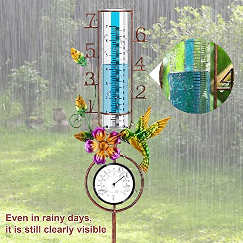 SYSUVANA Rain Gauge Outdoor with Outdoor Thermometer for Garden, Easy to Read Metal Stake with 7 Inch Replacement Glass Tube, Sunflower Hummingbird Décor for Yard Garden Patio Lawn