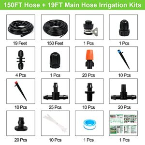 Drip Irrigation Kit, 169FT Greenhouse Watering System, 1/4 inch Automatic Patio Misting System for Garden with Distribution Tubing Hose & Adjustable Nozzle Emitters Sprinkler Barbed Fittings