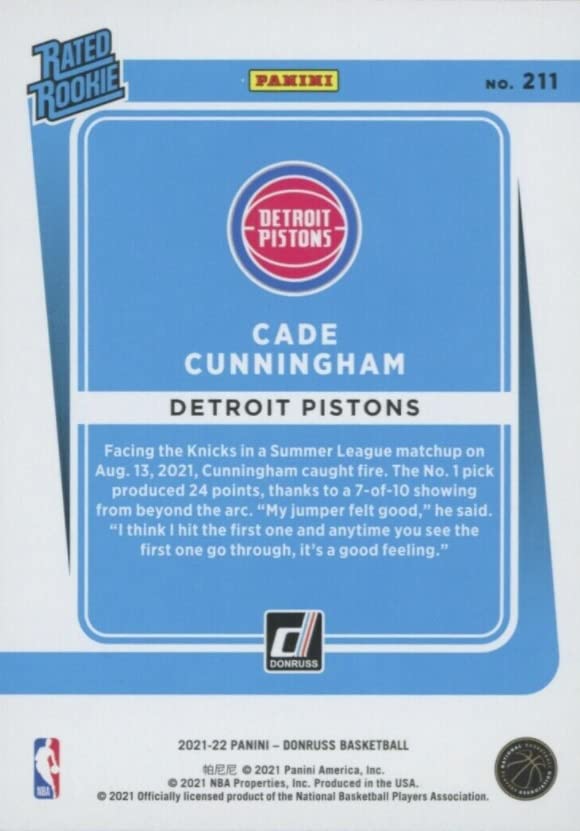 2021-22 Panini Donruss Cade Cunningham Detroit Pistons Rated Rookie Basketball Card #211