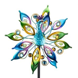 dreamysoul 15.7″ d*65”h metal peacock wind spinners double sided kinetic wind sculptures outdoor metal windmill for garden yard decor