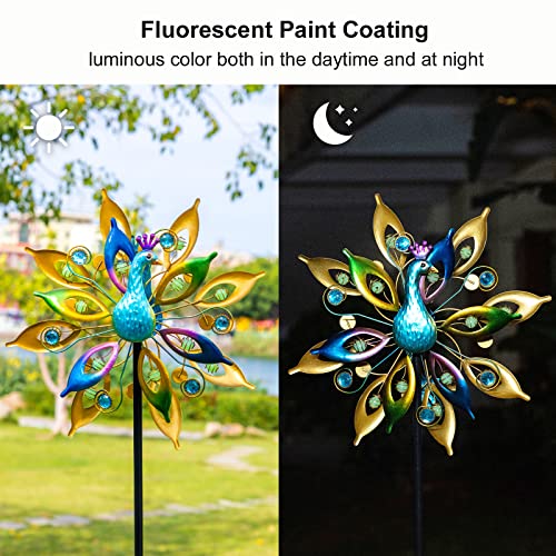 DREAMYSOUL 15.7" D*65”H Metal Peacock Wind Spinners Double Sided Kinetic Wind Sculptures Outdoor Metal Windmill for Garden Yard Decor