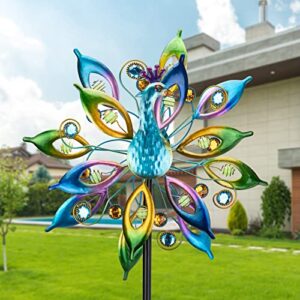 DREAMYSOUL 15.7" D*65”H Metal Peacock Wind Spinners Double Sided Kinetic Wind Sculptures Outdoor Metal Windmill for Garden Yard Decor