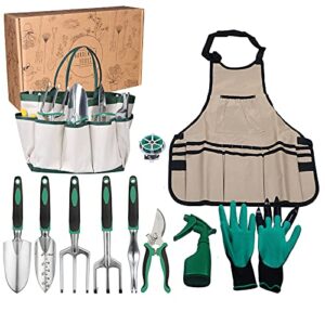 garden tools set,gardening tools for woman man gardening kit 11 pieces,gardening tools for gardening gifts,heavy duty aluminum hand tool,handle gardening planting tool set with apron,storage tote bag