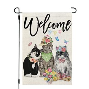 CROWNED BEAUTY Spring Cats Garden Flag Floral 12x18 Inch Double Sided for Outside Welcome Burlap Small Yard Holiday Decoration CF755-12