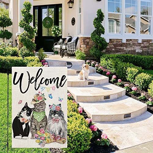 CROWNED BEAUTY Spring Cats Garden Flag Floral 12x18 Inch Double Sided for Outside Welcome Burlap Small Yard Holiday Decoration CF755-12
