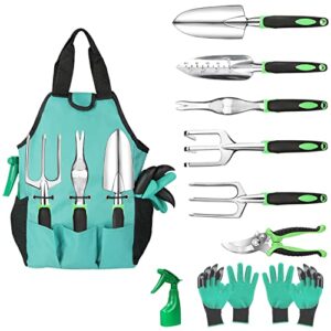 glaric gardening tool set 10 pcs, aluminum garden hand tools set heavy duty with garden gloves ,trowel and organizer tote bag ,planting tools ,gardening gifts for women men
