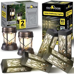 10 pack solar pathway lights + 2 pack hanging solar lights outdoor waterproof – waterproof outdoor garden lights solar powered – led decorative table solar hanging lanterns outdoor