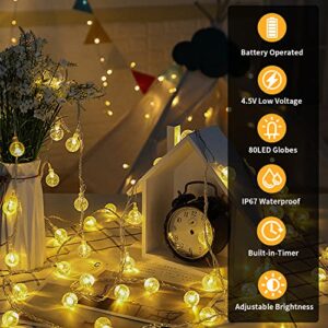MDEDL Battery Operated String Lights Outdoor Indoor, 33FT 80LED Waterproof Crystal Mini Globe Fairy String Lights Christmas Decorative Lights with Remote Timer for Bedroom Patio Garden Canopy