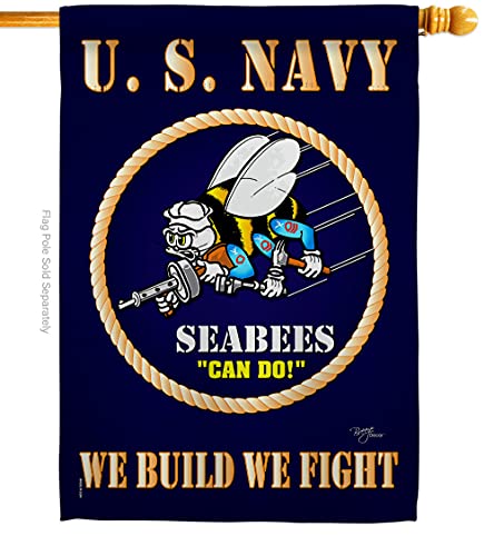 Breeze Decor Sea Bees House Flag Armed Forces Navy USN Seabee United State American Military Veteran Retire Official Decoration Banner Small Garden Yard Gift Double-Sided, 28" x 40", Made in USA