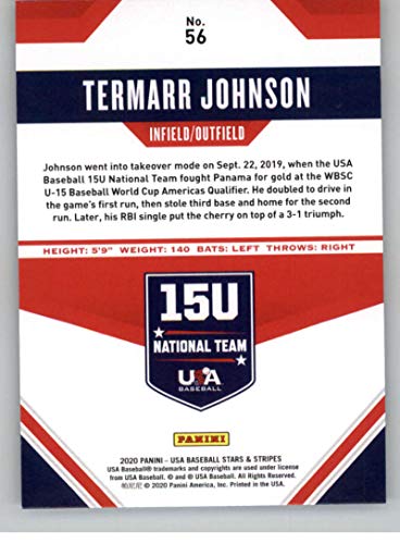 2020 Panini USA Stars and Stripes Retail Base #56 Termarr Johnson RC Rookie USA Baseball 15U National Team Baseball Trading Card