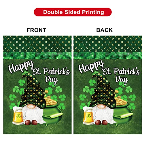 HOMFREEST Happy St Patricks Day Garden Flag Gold Coin Gnome Yard Flag Lucky Clover Beer Small Garden Decorations Green Day Outside Lawn Display for Indoor Outdoor Patio Porch 12x18 Inch Vertical Double Sided