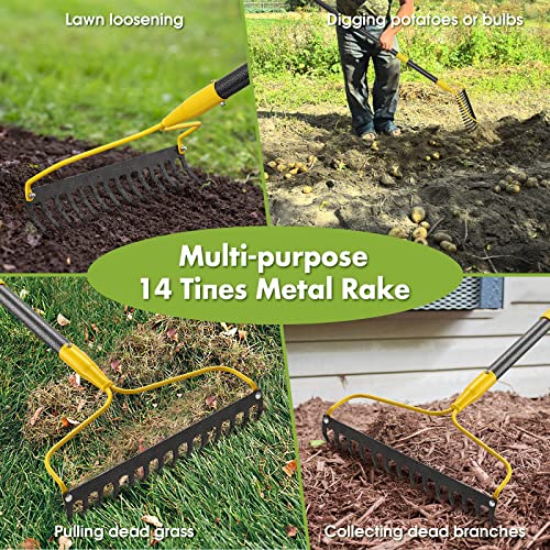 Garden Rake,14 Tines Heavy Duty Bow Rake for Lawns,73 Inch Long Handle Leaf Rake for Loosening Soil…