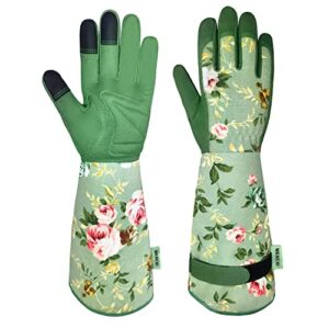 wanchi gardening gloves, durable and comfortable women’s long garden gloves for gardening work and yard work, leather gardening gloves for women, green print (medium)