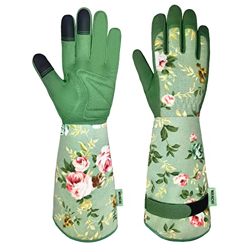 WANCHI Gardening Gloves, Durable and Comfortable Women's Long Garden Gloves for Gardening Work and Yard Work, Leather Gardening Gloves for Women, Green Print (Medium)