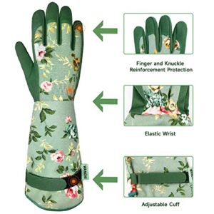 WANCHI Gardening Gloves, Durable and Comfortable Women's Long Garden Gloves for Gardening Work and Yard Work, Leather Gardening Gloves for Women, Green Print (Medium)