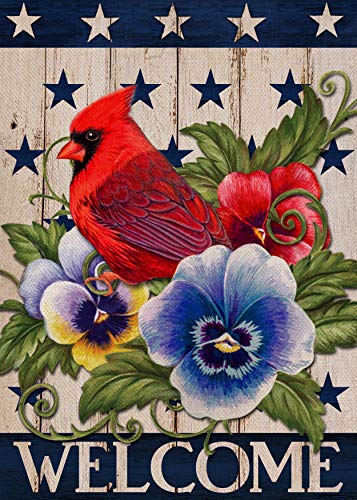 Covido Home Decorative Welcome July 4th of July Cardinal Patriotic America Garden Flag, American USA Memorial Day Yard Red Bird Pansy Flower Outside Decor, Summer Outdoor Small Decoration 12x18