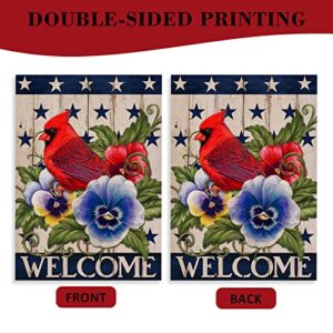 Covido Home Decorative Welcome July 4th of July Cardinal Patriotic America Garden Flag, American USA Memorial Day Yard Red Bird Pansy Flower Outside Decor, Summer Outdoor Small Decoration 12x18