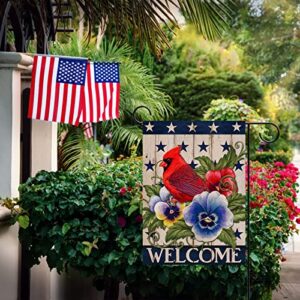 Covido Home Decorative Welcome July 4th of July Cardinal Patriotic America Garden Flag, American USA Memorial Day Yard Red Bird Pansy Flower Outside Decor, Summer Outdoor Small Decoration 12x18