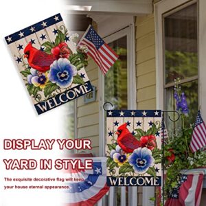 Covido Home Decorative Welcome July 4th of July Cardinal Patriotic America Garden Flag, American USA Memorial Day Yard Red Bird Pansy Flower Outside Decor, Summer Outdoor Small Decoration 12x18