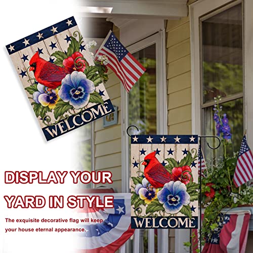 Covido Home Decorative Welcome July 4th of July Cardinal Patriotic America Garden Flag, American USA Memorial Day Yard Red Bird Pansy Flower Outside Decor, Summer Outdoor Small Decoration 12x18