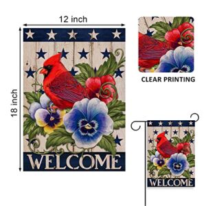 Covido Home Decorative Welcome July 4th of July Cardinal Patriotic America Garden Flag, American USA Memorial Day Yard Red Bird Pansy Flower Outside Decor, Summer Outdoor Small Decoration 12x18