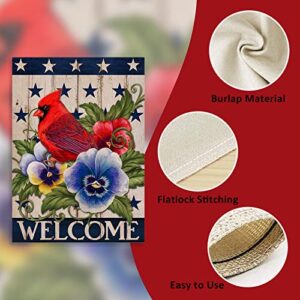 Covido Home Decorative Welcome July 4th of July Cardinal Patriotic America Garden Flag, American USA Memorial Day Yard Red Bird Pansy Flower Outside Decor, Summer Outdoor Small Decoration 12x18