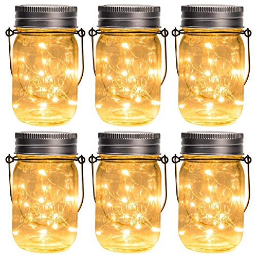 GIGALUMI Hanging Solar Mason Jar Lights, 6 Pack 30 Led String Fairy Lights Hanging Solar Lanterns Outdoor Waterproof, Hangers and Jars Included, Outdoor Decor for Garden, Patio, Yard, Porch, Wedding