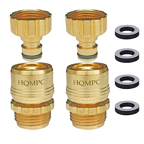 HQMPC Garden Hose Quick Connect No Pb Solid Brass Quick Connector Garden Hose Fitting Water Hose Connectors 3/4 inch GHT (2 Sets)