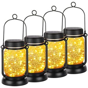 mlambert 4 pack solar hanging mason jar lights with stakes, outdoor waterproof decorative solar lantern table lamp, vintage glass jar starry fairy light with 30 leds for patio garden tree (warm white)