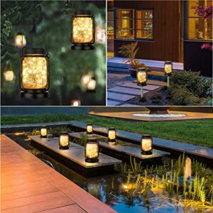 Mlambert 4 Pack Solar Hanging Mason Jar Lights with Stakes, Outdoor Waterproof Decorative Solar Lantern Table Lamp, Vintage Glass Jar Starry Fairy Light with 30 LEDs for Patio Garden Tree (Warm White)
