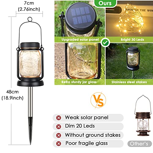 Mlambert 4 Pack Solar Hanging Mason Jar Lights with Stakes, Outdoor Waterproof Decorative Solar Lantern Table Lamp, Vintage Glass Jar Starry Fairy Light with 30 LEDs for Patio Garden Tree (Warm White)