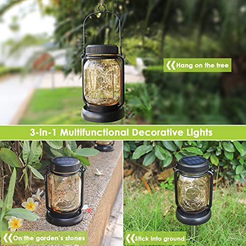 Mlambert 4 Pack Solar Hanging Mason Jar Lights with Stakes, Outdoor Waterproof Decorative Solar Lantern Table Lamp, Vintage Glass Jar Starry Fairy Light with 30 LEDs for Patio Garden Tree (Warm White)