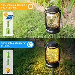 Mlambert 4 Pack Solar Hanging Mason Jar Lights with Stakes, Outdoor Waterproof Decorative Solar Lantern Table Lamp, Vintage Glass Jar Starry Fairy Light with 30 LEDs for Patio Garden Tree (Warm White)