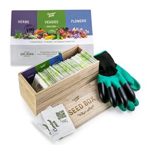 grow your own kit by garden pack – 100 varieties of vegetable, herb and flower seeds – gardening gifts for women and men – natural wood gift-ready box and accessories