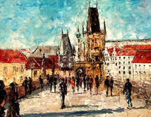 “crossing charles bridge in prague” – limited edition 10/100, signed and numbered print on canvas hand embellished by the artist.
