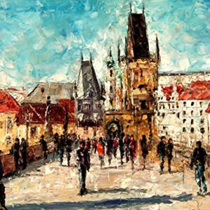 "Crossing Charles Bridge In Prague" - Limited Edition 10/100, Signed and Numbered Print on Canvas Hand Embellished by the Artist.