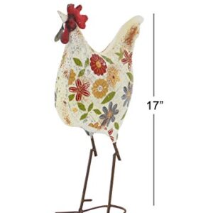 Deco 79 Metal Rooster Indoor Outdoor Distressed Standing Garden Sculpture with U Shaped Feet, 10" x 5" x 17", Cream