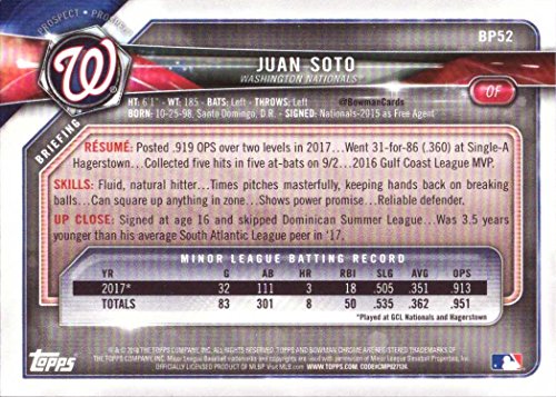 2018 Bowman Prospects #BP52 Juan Soto Baseball Card