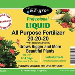 EZ-gro 20 20 20 Fertilizer - All Purpose Liquid Plant Food - Lawn, Flower, Herb, Vegetables - Best Way to Grow Green Plants - Garden-Growing Miracle Nutrients - 1 Qt / 32 fl oz / 946 mL