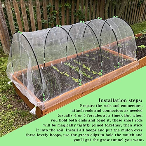 Greenhouse Hoops Grow Tunnel 30 Pcs 16 Inch Up to 6 Sets of 7ft Long Plastic-Coated Rust-Proof Fiberglass Garden Hoops for Raised Beds with 25 Pcs Metal Connect Pipes and 20 Clamps