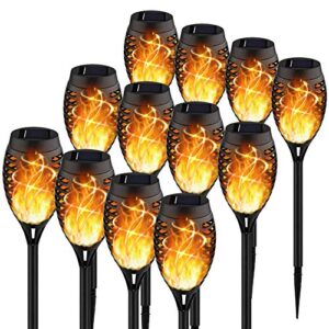 kyekio upgraded 12pack torches, solar outdoor lights, 12led solar torch light with flickering flame for garden decor, waterproof landscape led flame lights for outdoor decorations for patio yard porch